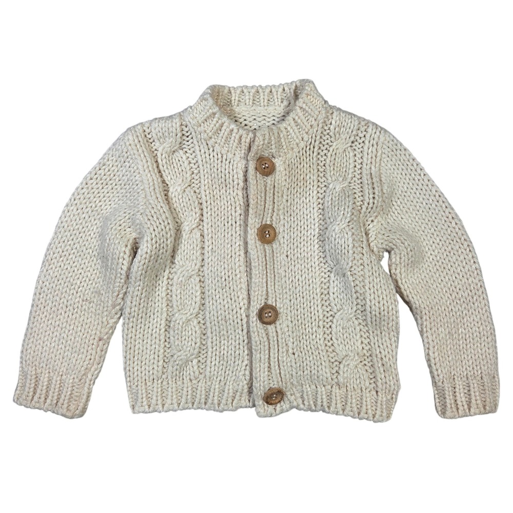 Kids Cream Chunky Cable Knit Cardigan Button Front Sweater Mock Neck Boho